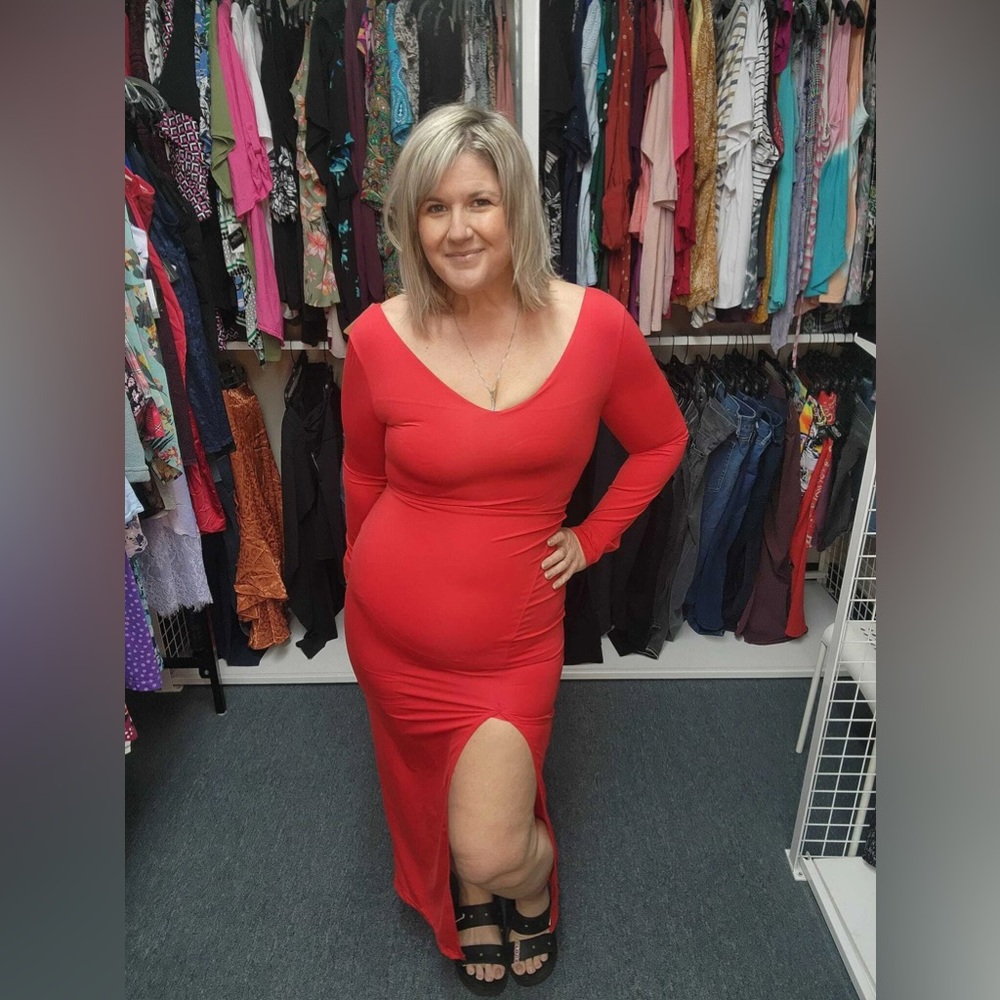 Red Long Sleeve Maxi Dress with Side Slit